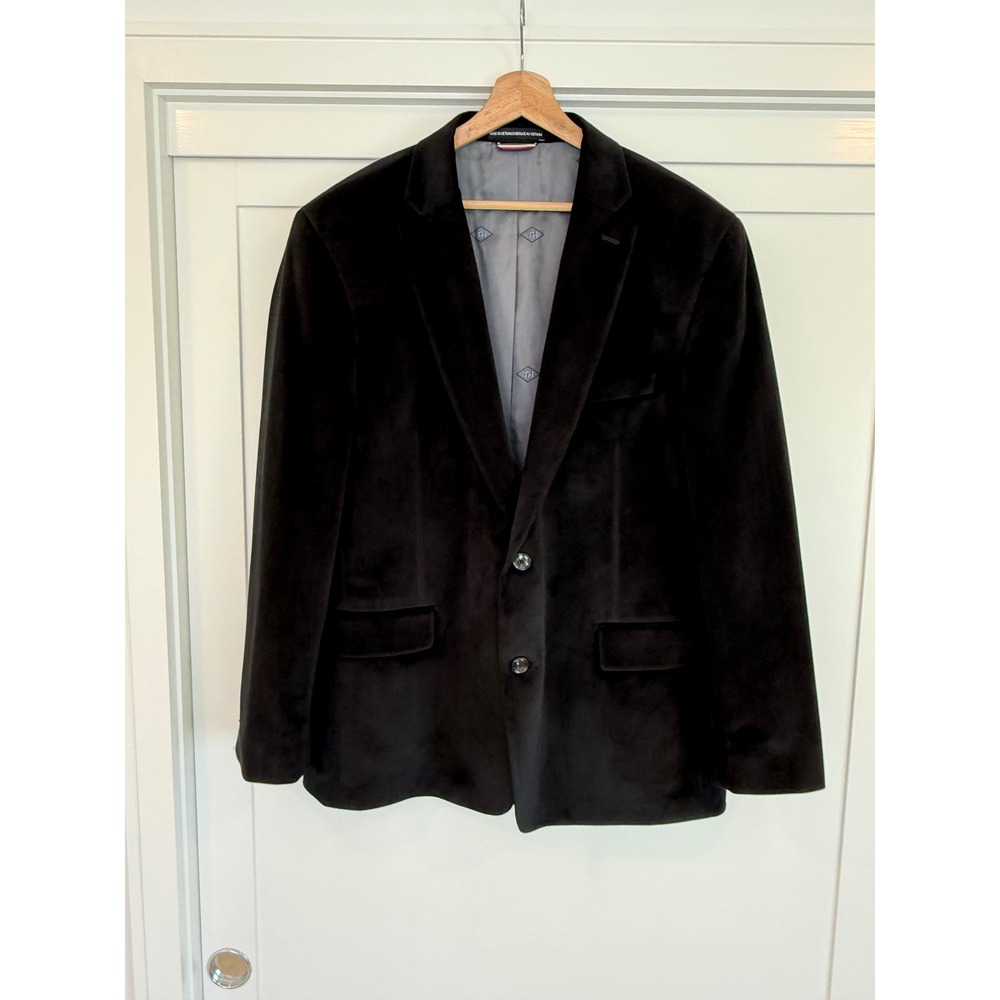 Tommy Hilfiger Mens Black Velour Sport Coat Blazer 48R RN90736 Soft Fuzzy